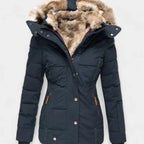 Blue Women's Padded Winter Jacket with Faux Fur Hood & Zip Pockets — Reese