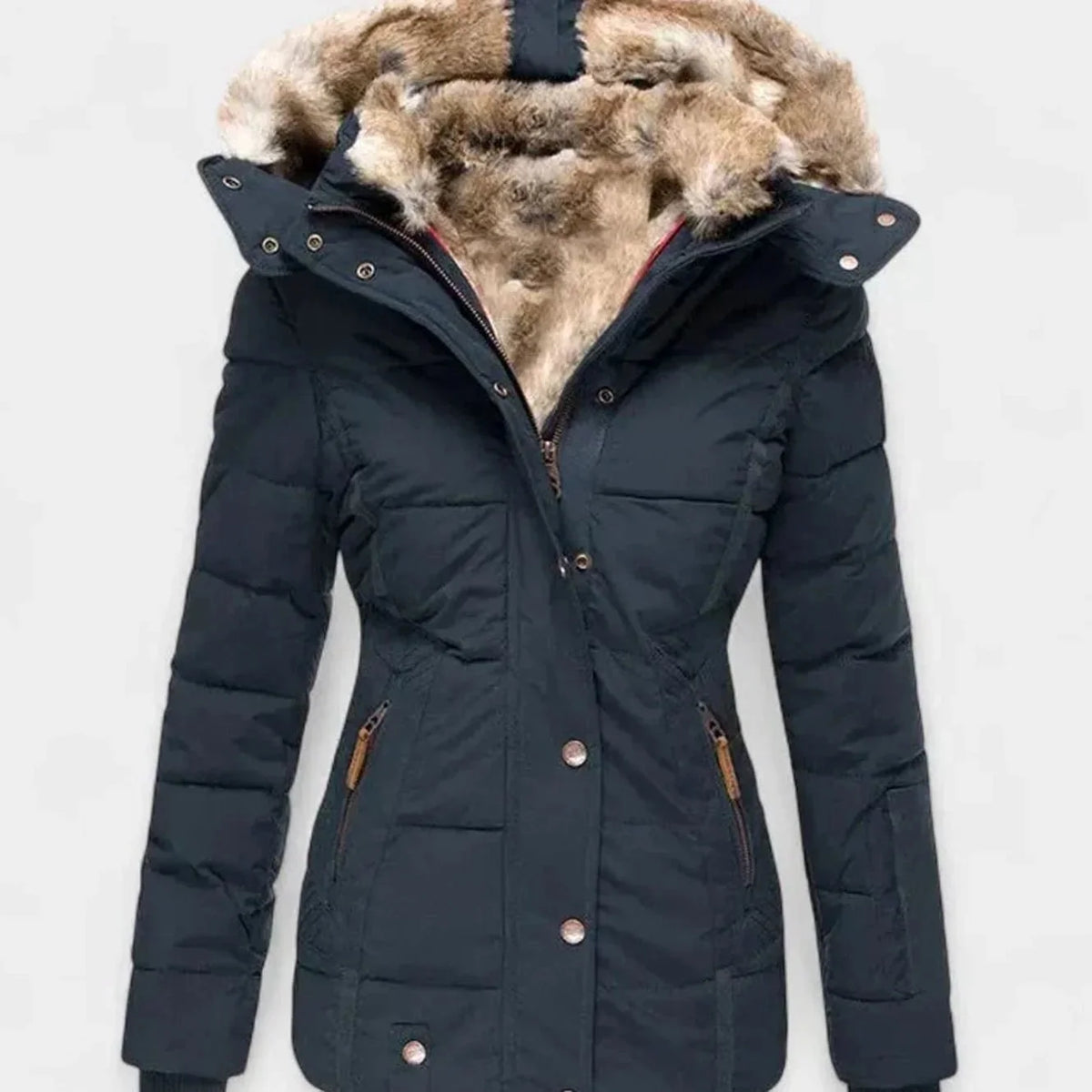 Blue Women's Padded Winter Jacket with Faux Fur Hood & Zip Pockets — Reese