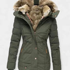 Green Women's Padded Winter Jacket with Faux Fur Hood & Zip Pockets — Reese