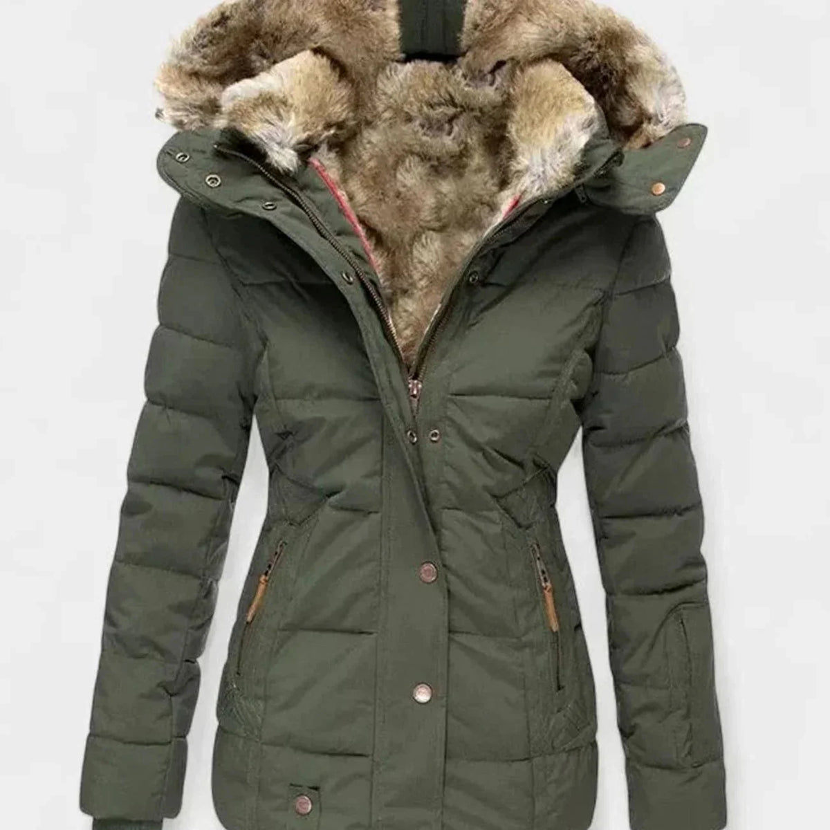 Green Women's Padded Winter Jacket with Faux Fur Hood & Zip Pockets — Reese
