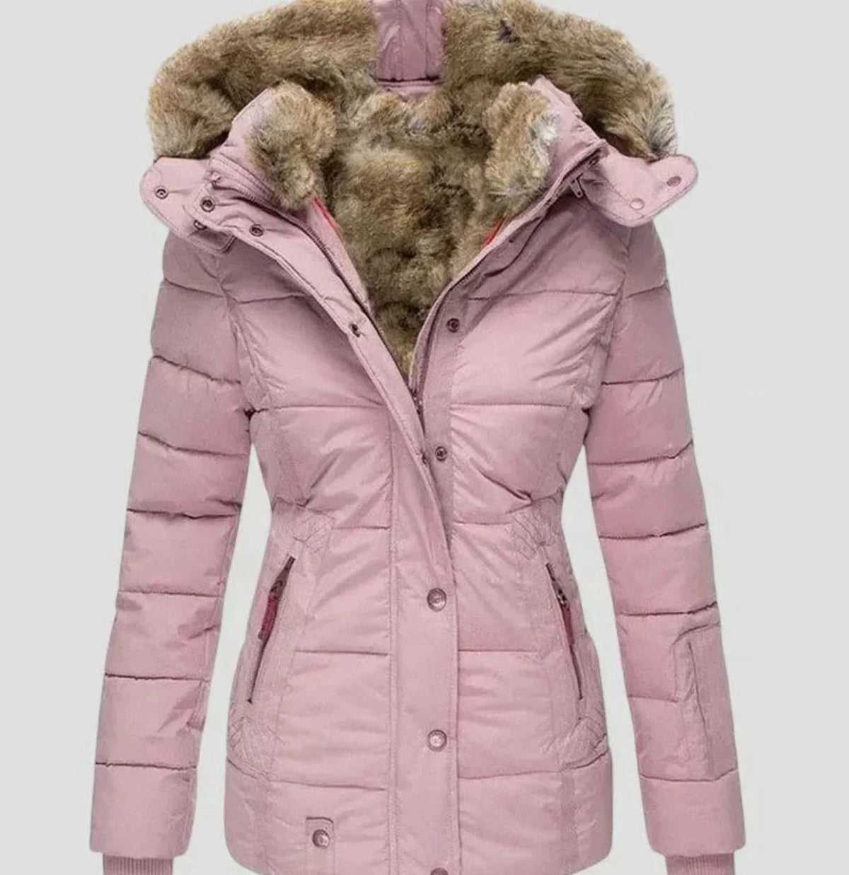 Pink Women's Padded Winter Jacket with Faux Fur Hood & Zip Pockets — Reese