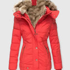 Red Women's Padded Winter Jacket with Faux Fur Hood & Zip Pockets — Reese