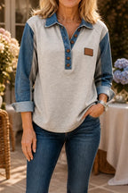Beige Women's Patchwork Knit Blouse with Denim Collar & Cable Knit Texture