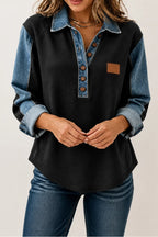 Black Women's Patchwork Knit Blouse with Denim Collar & Cable Knit Texture