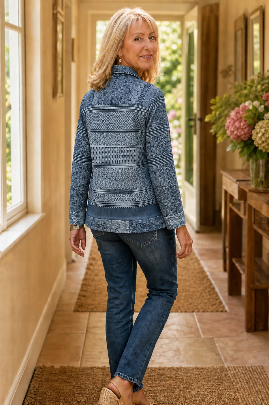 Women's Patchwork Knit Blouse with Denim Collar & Cable Knit Texture - Back Full
