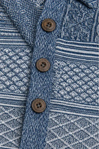 Women's Patchwork Knit Blouse with Denim Collar & Cable Knit Texture - Close Up Buttons