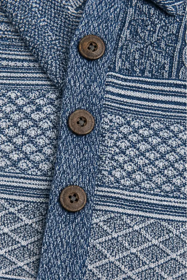 Women's Patchwork Knit Blouse with Denim Collar & Cable Knit Texture - Close Up Buttons