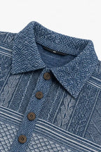 Women's Patchwork Knit Blouse with Denim Collar & Cable Knit Texture - Close Up Collar