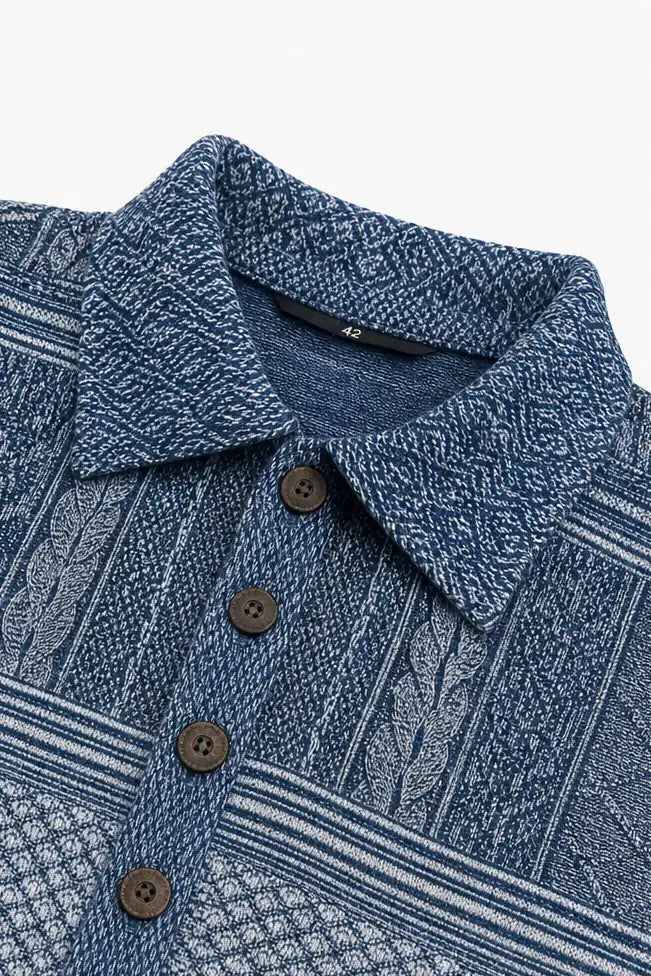 Women's Patchwork Knit Blouse with Denim Collar & Cable Knit Texture - Close Up Collar