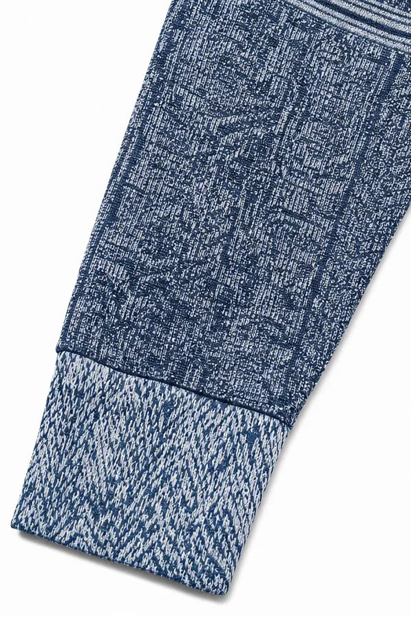 Women's Patchwork Knit Blouse with Denim Collar & Cable Knit Texture - Close Up Cuff Detail