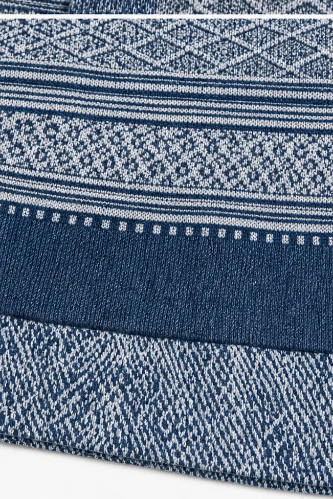 Women's Patchwork Knit Blouse with Denim Collar & Cable Knit Texture - Close Up Fabric Texture
