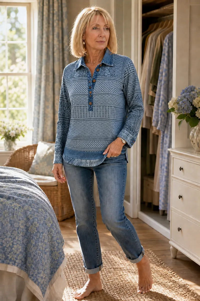 Women's Patchwork Knit Blouse with Denim Collar & Cable Knit Texture - Front Full Standing