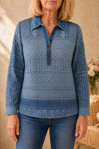 Women's Patchwork Knit Blouse with Denim Collar & Cable Knit Texture - Front Full