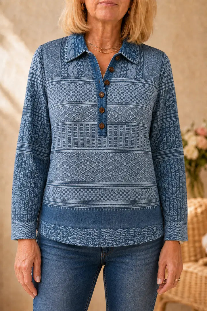 Women's Patchwork Knit Blouse with Denim Collar & Cable Knit Texture - Front Full