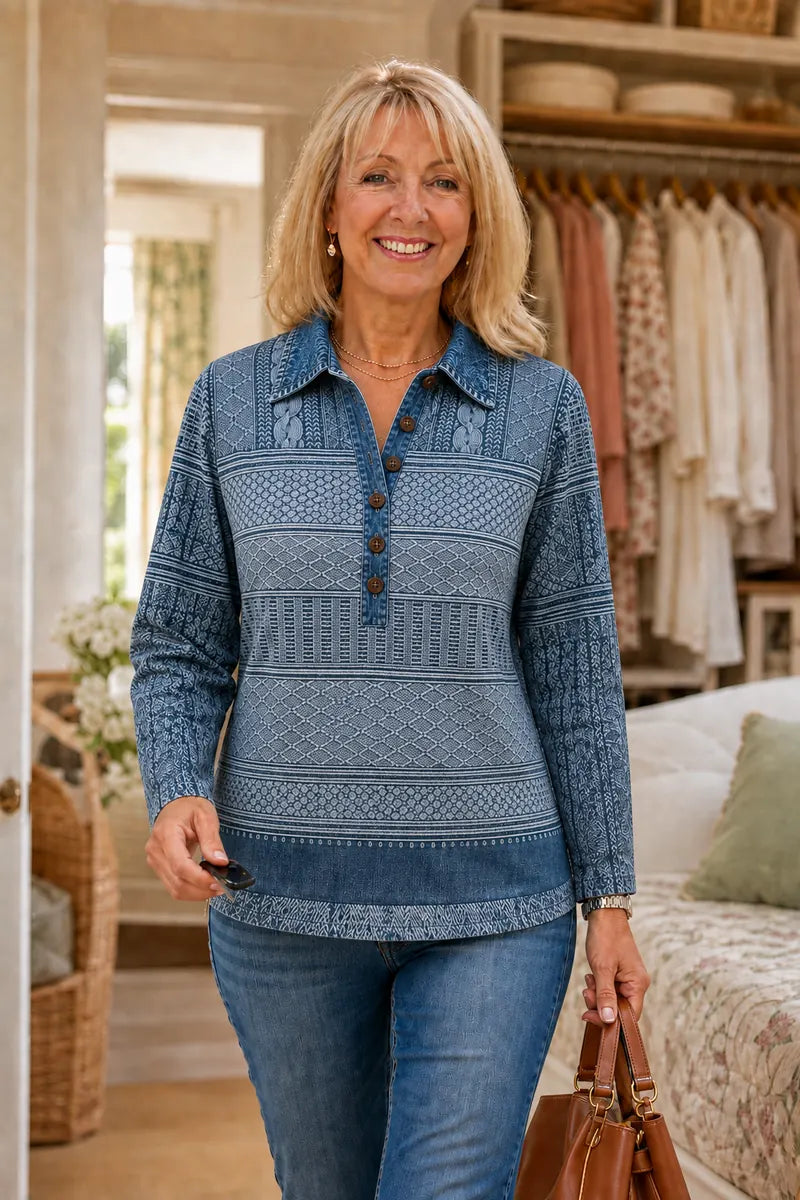 Women's Patchwork Knit Blouse with Denim Collar & Cable Knit Texture - Walking Pose