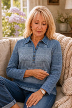 Women's Patchwork Knit Blouse with Denim Collar & Cable Knit Texture - Worn Lifestyle Seated