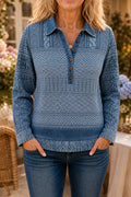 Blue Women's Patchwork Knit Blouse with Denim Collar & Cable Knit Texture