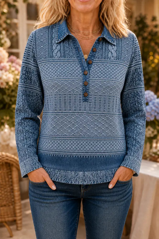 Blue Women's Patchwork Knit Blouse with Denim Collar & Cable Knit Texture
