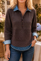 Brown Women's Patchwork Knit Blouse with Denim Collar & Cable Knit Texture