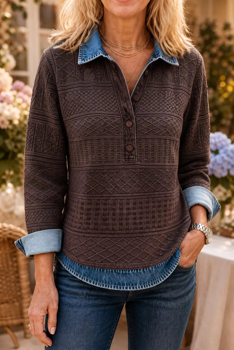 Brown Women's Patchwork Knit Blouse with Denim Collar & Cable Knit Texture