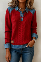 Burgundy Women's Patchwork Knit Blouse with Denim Collar & Cable Knit Texture
