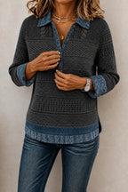 Gray Women's Patchwork Knit Blouse with Denim Collar & Cable Knit Texture