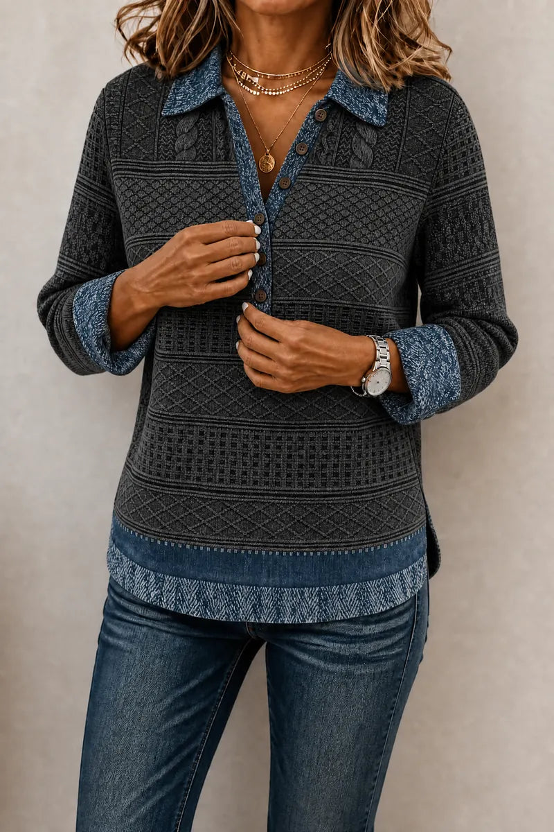 Gray Women's Patchwork Knit Blouse with Denim Collar & Cable Knit Texture