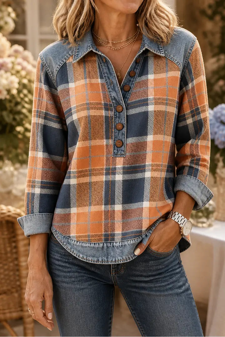 Orange Women's Patchwork Knit Blouse with Denim Collar & Cable Knit Texture