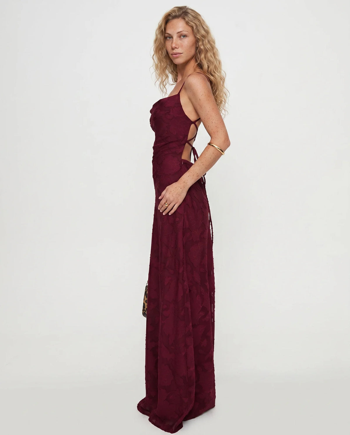 Red Women's Petite Maxi Dress with Cowl Neck & Lace-Up Open Back - Side Pose