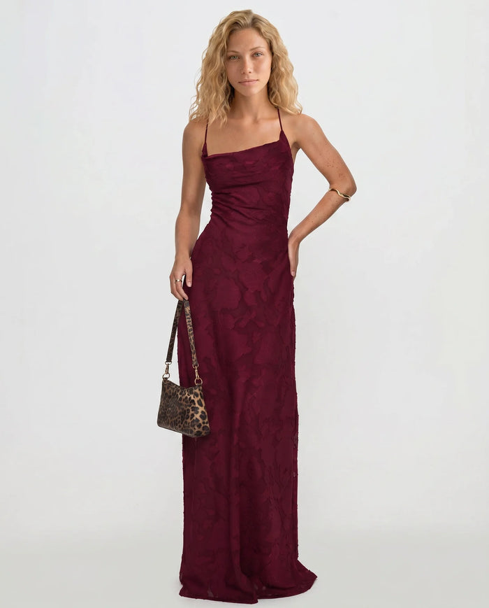 Red Women's Petite Maxi Dress with Cowl Neck & Lace-Up Open Back