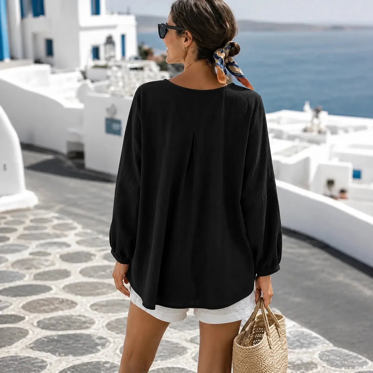 Black Women's Loose Fit Tunic Blouse with Pin-Tuck Detail & Breathable Comfort — Dora - Back Full