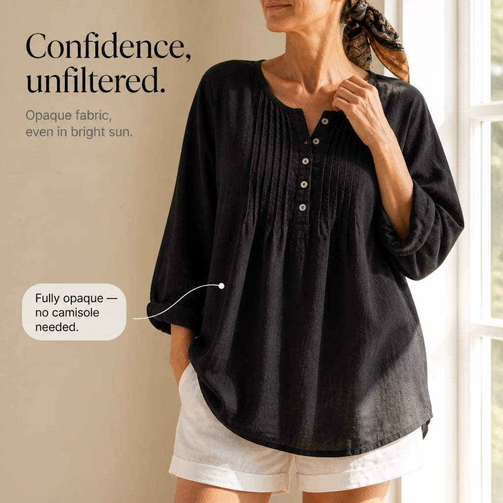 Black Women's Loose Fit Tunic Blouse with Pin-Tuck Detail & Breathable Comfort — Dora - Detail Opaque Marketing