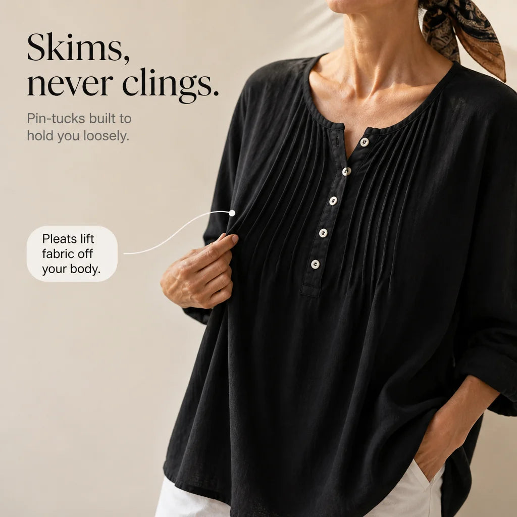Black Women's Loose Fit Tunic Blouse with Pin-Tuck Detail & Breathable Comfort — Dora - Detail Pin Tuck Marketing