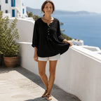 Black Women's Loose Fit Tunic Blouse with Pin-Tuck Detail & Breathable Comfort — Dora - Front Full Pose