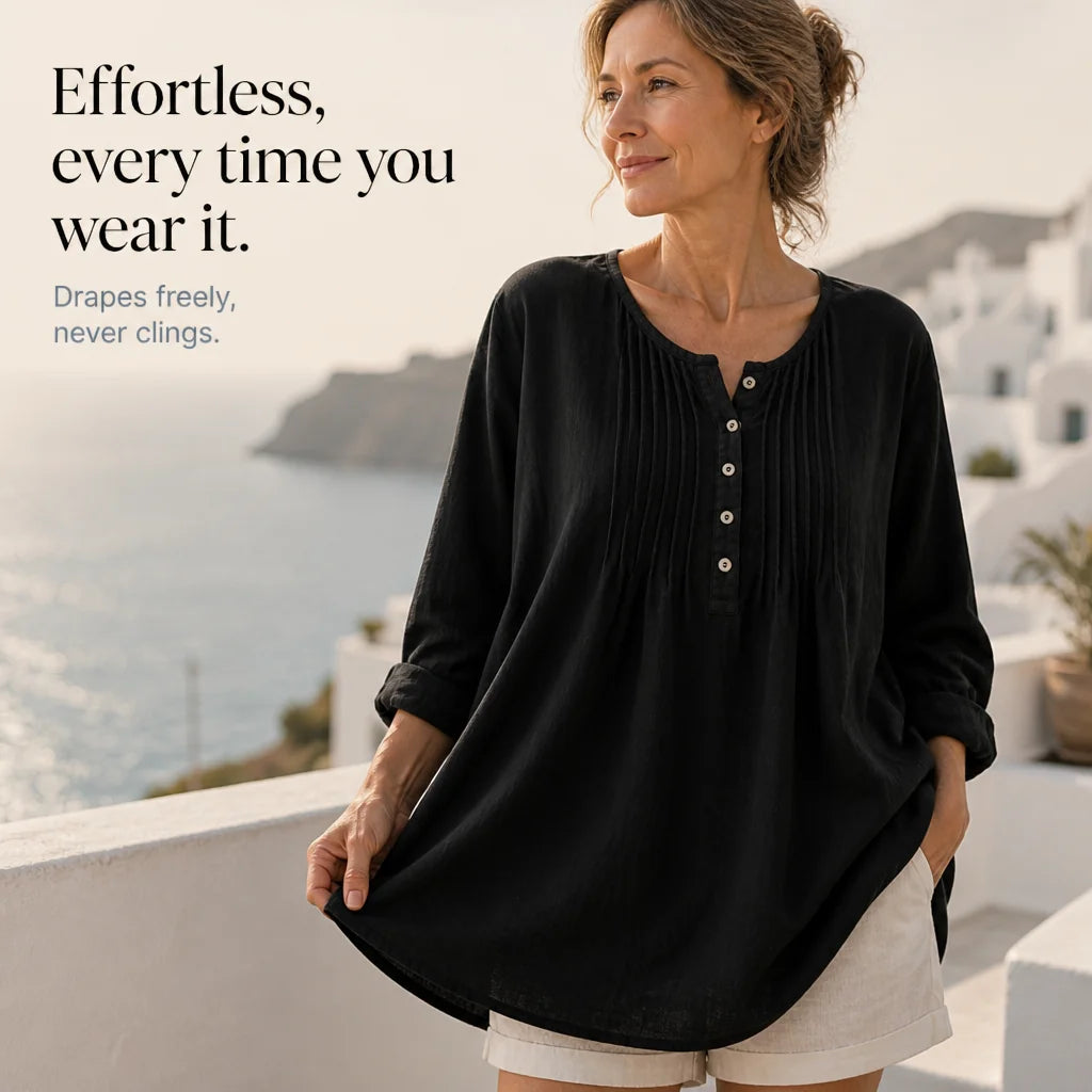 Black Women's Loose Fit Tunic Blouse with Pin-Tuck Detail & Breathable Comfort — Dora - Outdoor Sunset Pose