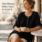 Black Women's Loose Fit Tunic Blouse with Pin-Tuck Detail & Breathable Comfort — Dora - Seated Coffee Portrait