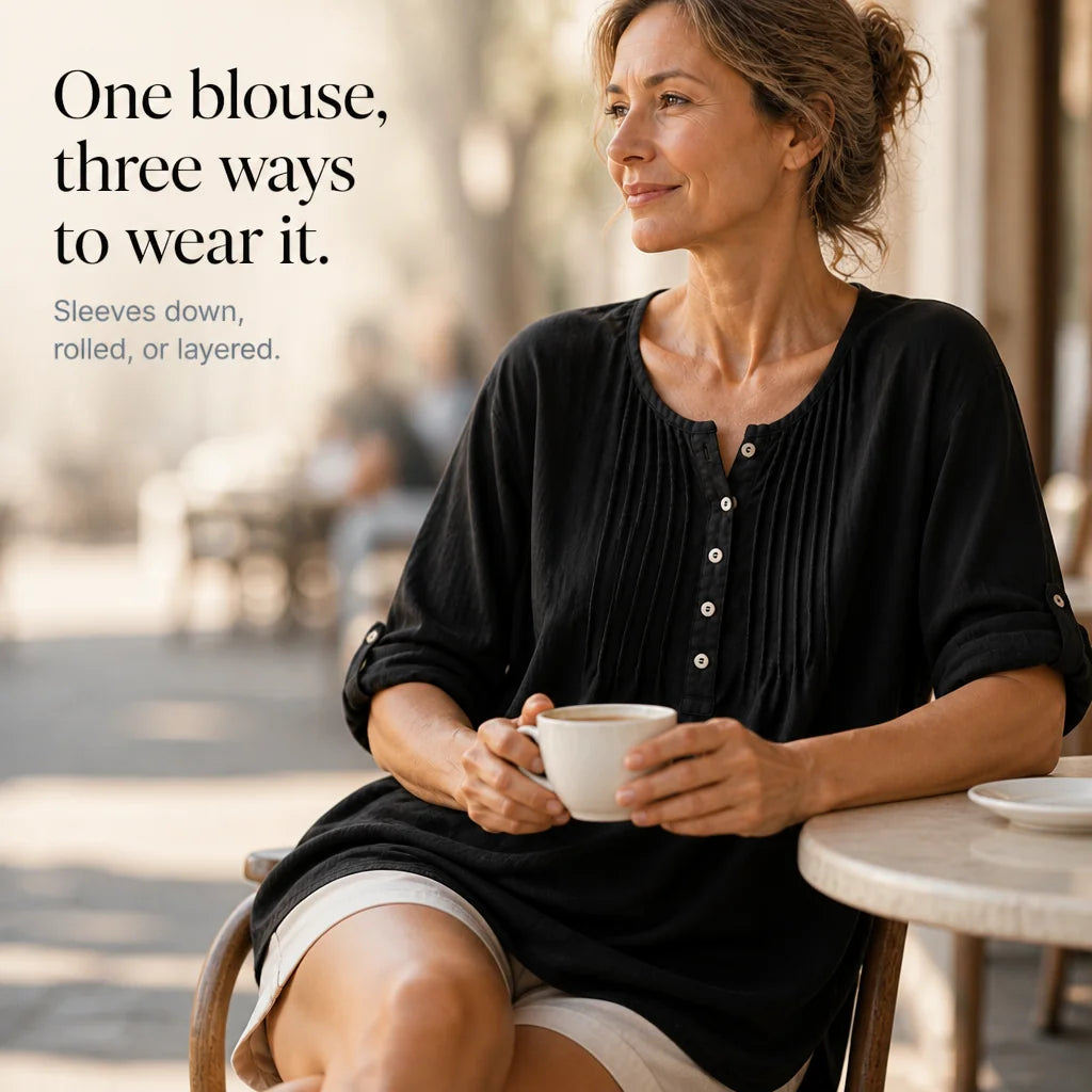 Black Women's Loose Fit Tunic Blouse with Pin-Tuck Detail & Breathable Comfort — Dora - Seated Coffee Portrait