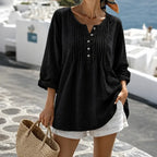 Black Women's Loose Fit Tunic Blouse with Pin-Tuck Detail & Breathable Comfort — Dora