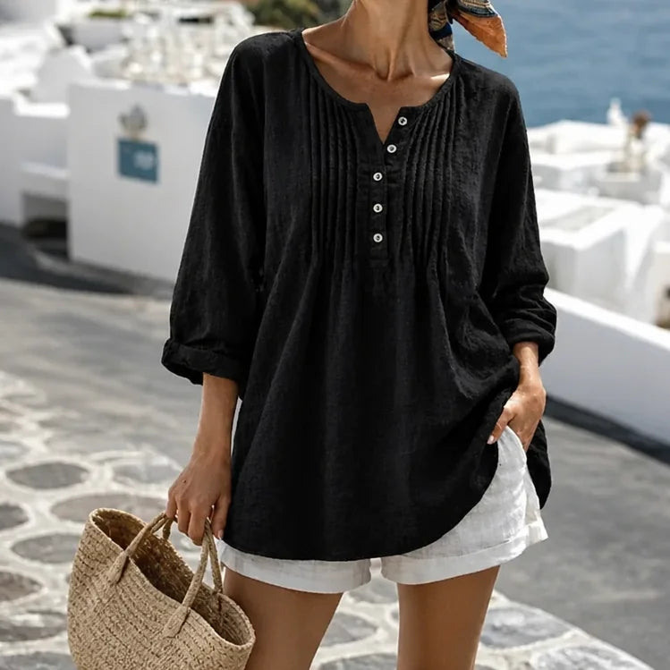 Black Women's Loose Fit Tunic Blouse with Pin-Tuck Detail & Breathable Comfort — Dora