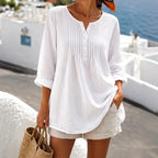 White Women's Loose Fit Tunic Blouse with Pin-Tuck Detail & Breathable Comfort — Dora