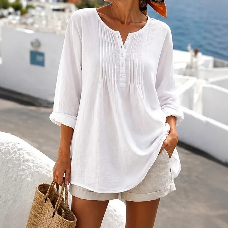 White Women's Loose Fit Tunic Blouse with Pin-Tuck Detail & Breathable Comfort — Dora