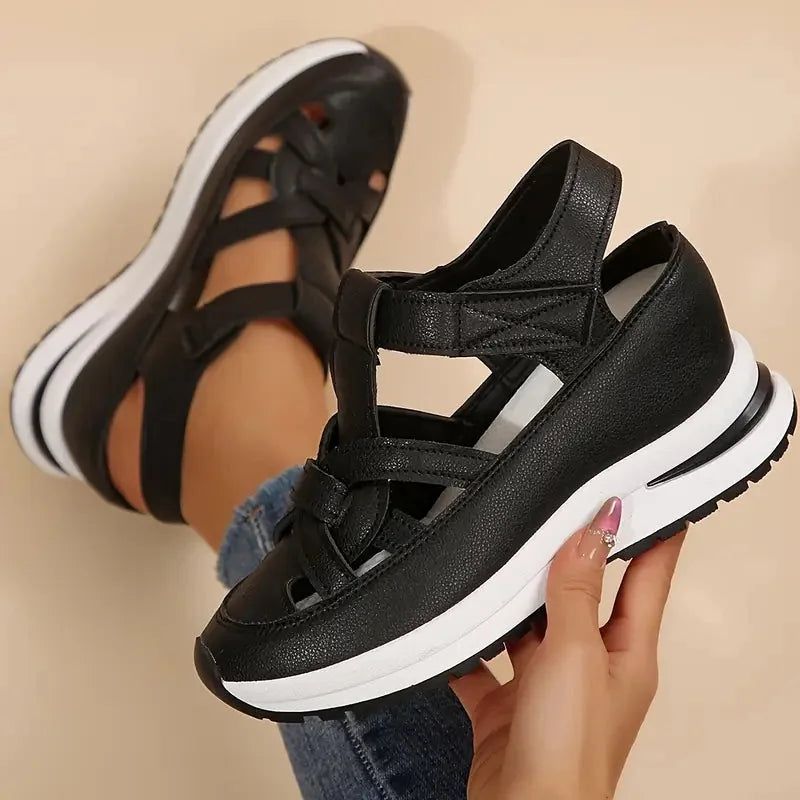 Black Women's Platform Sandals — Nell Cut-Out Velcro Wedge - Hand Held Detail