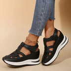 Black Women's Platform Sandals — Nell Cut-Out Velcro Wedge - Side Pose