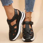 Black Women's Platform Sandals — Nell Cut-Out Velcro Wedge - Worn Lifestyle