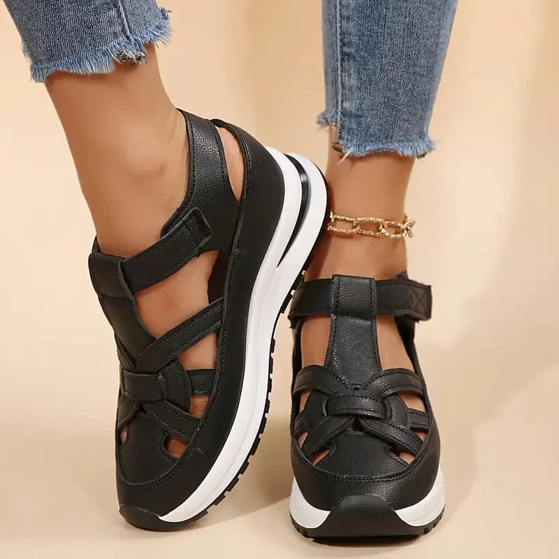 Black Women's Platform Sandals — Nell Cut-Out Velcro Wedge - Worn Lifestyle