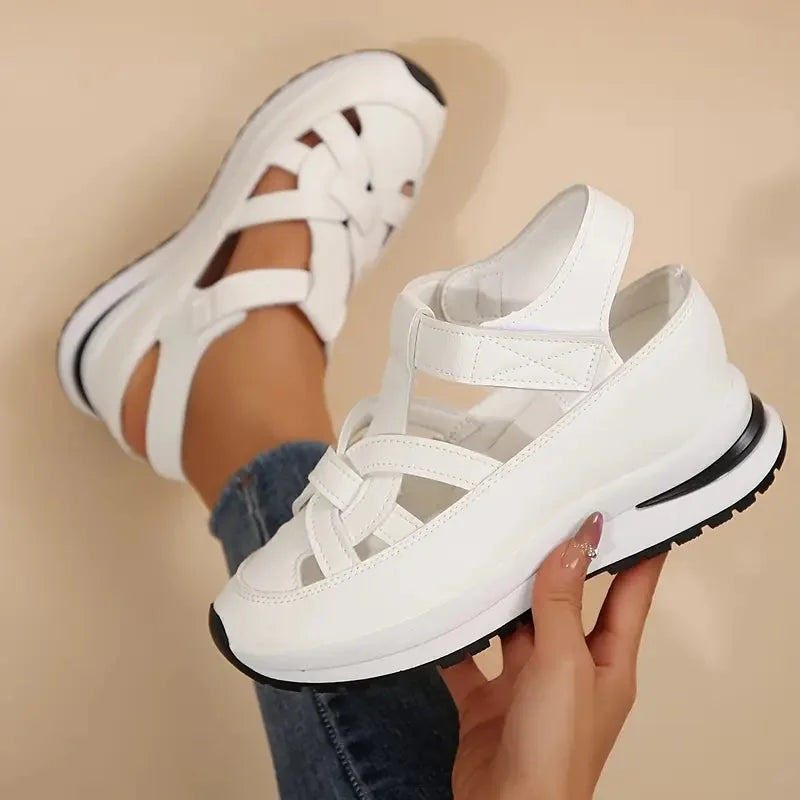White Women's Platform Sandals — Nell Cut-Out Velcro Wedge - Hand Held Detail