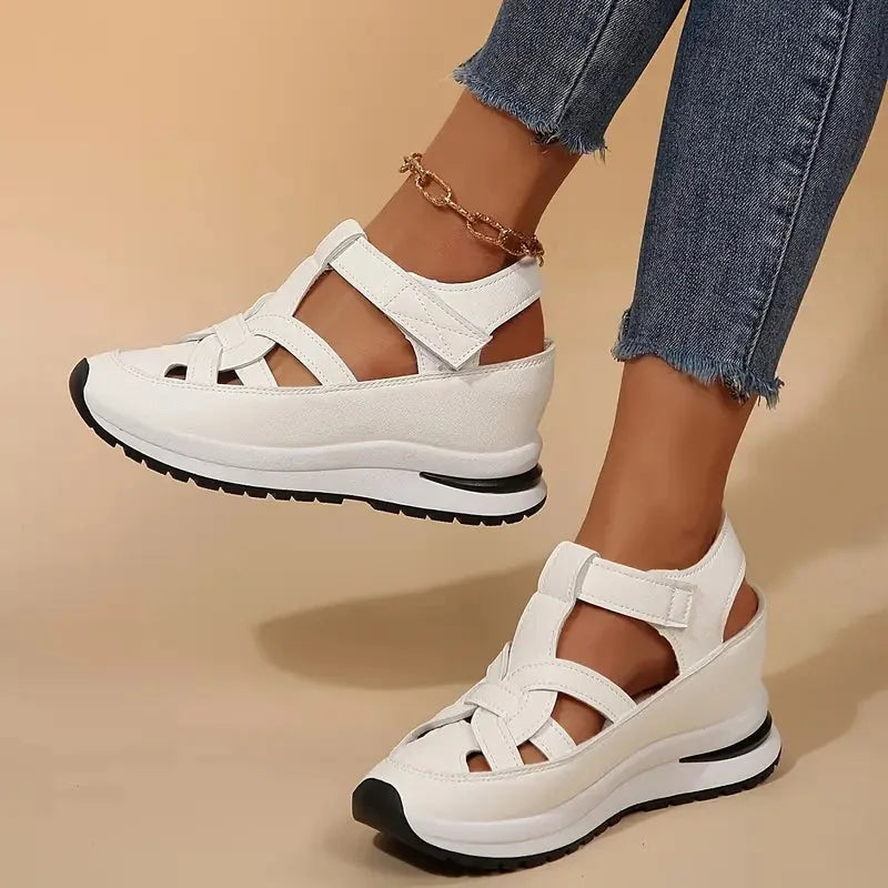 White Women's Platform Sandals — Nell Cut-Out Velcro Wedge - Side Pose