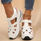 White Women's Platform Sandals — Nell Cut-Out Velcro Wedge - Worn Lifestyle