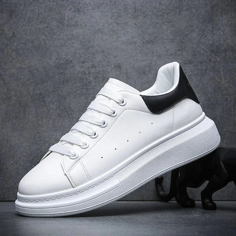 Black Men's White Casual Sneakers with Chunky Platform Sole — Henry - Side Profile Heel