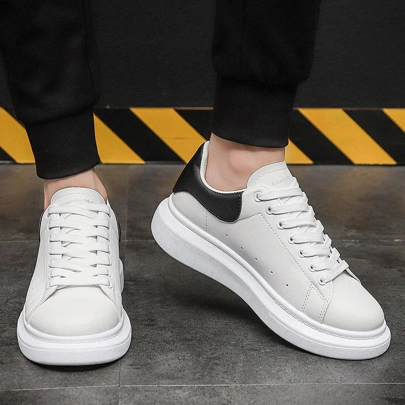 Black Men's White Casual Sneakers with Chunky Platform Sole